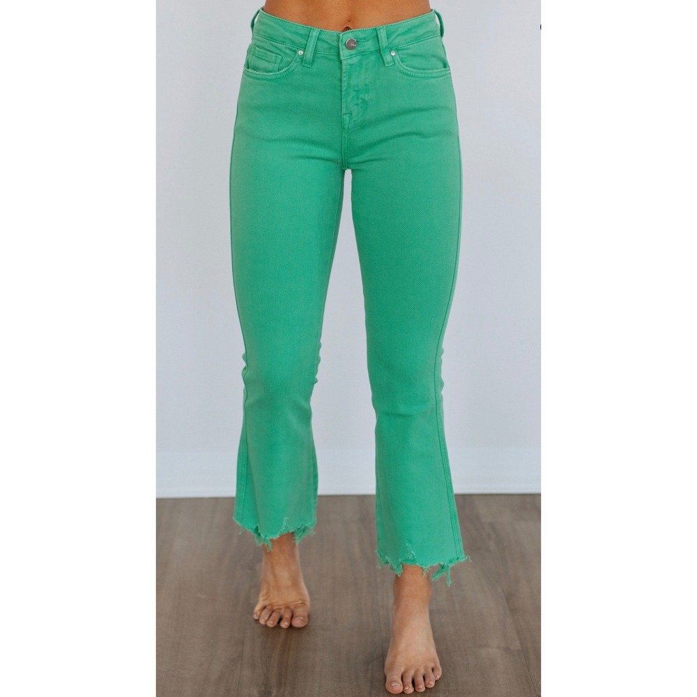 Mica Denim Shamrock Green Cropped Flare Raw Hem Ankle Jeans 26 MDP-F562LG